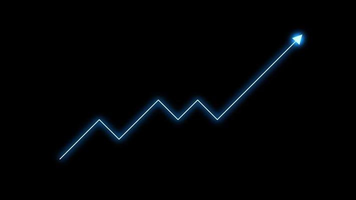 animation of graph trending upwards white arrow pointing up on graph with blue light effect on black background free video